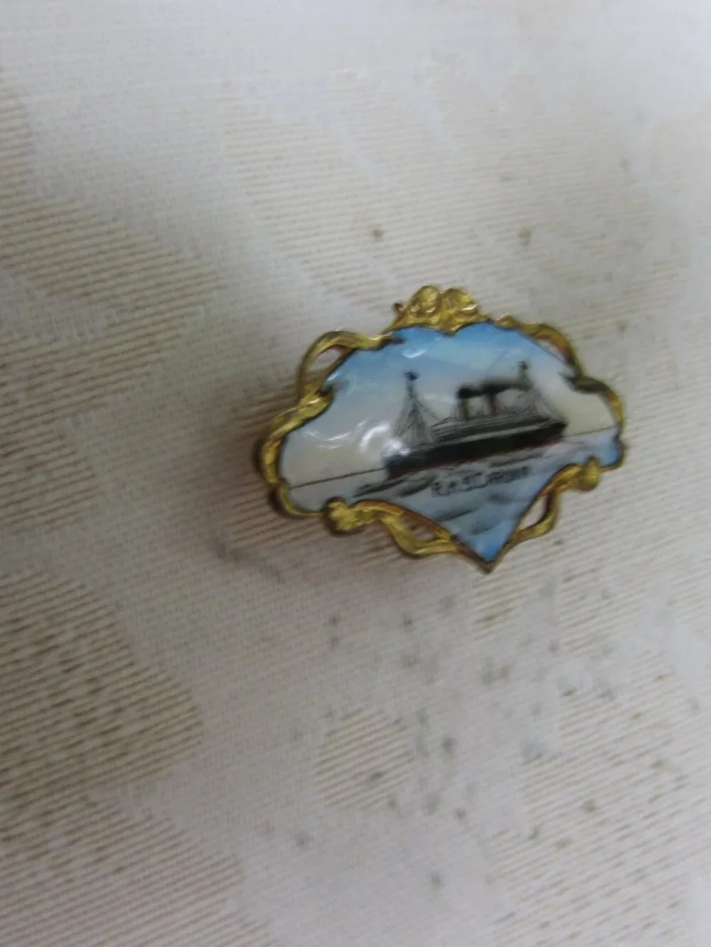 Antique Brooch Souvenir RMS Caronia Cunard Ocean Liner Blue Enamel